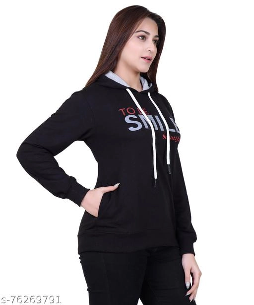 Cotton Blend Printed Hoodie for Women (Black, M)