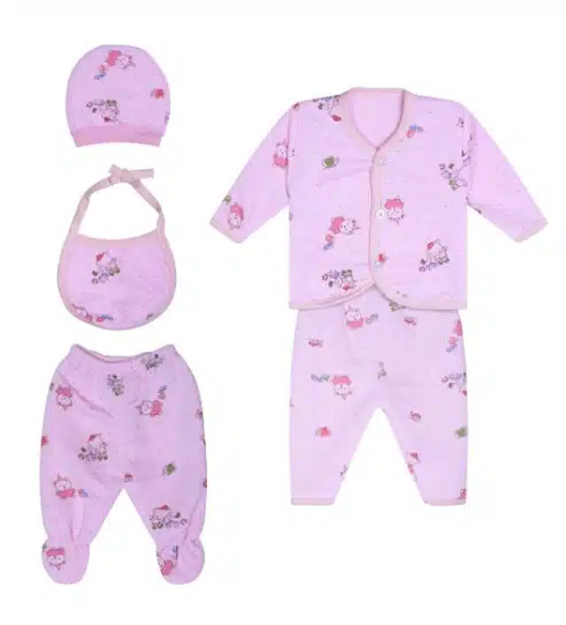Woolen Soft Printed Winter Set for Newborn (Set of 1) (Pink, 0-6 Months)