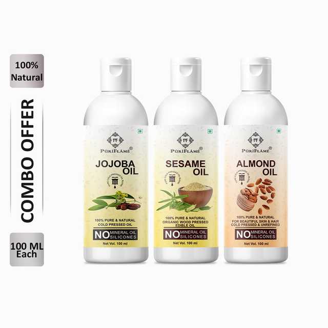 PuriFlame Pure Jojoba Oil (100 ml) & Sesame Oil (100 ml) & Almond Oil (100 ml) Combo For Rapid Hair Growth (Pack Of 3) (B-5292)