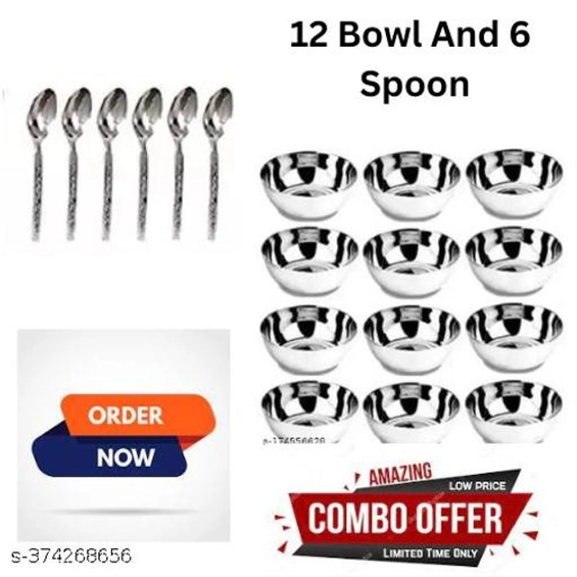 Stainless Steel 12 Pcs Bowls with 6 Pcs Spoon (Silver, Set of 2)