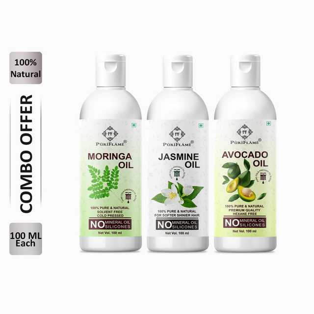 PuriFlame Pure Moringa Oil (100 ml) & Jasmine Oil (100 ml) & Avocado Oil (100 ml) Combo For Rapid Hair Growth (Pack Of 3) (B-5510)