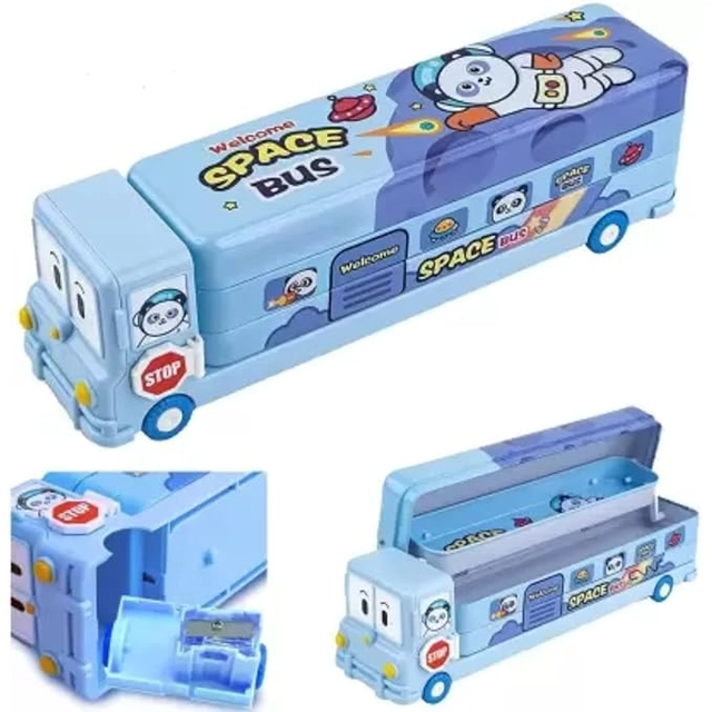 MINDFIT RVN Cartoon Printed Bus Geometry Box Double Compartment Metal Body Pencil Case Pen Pencil Holder with Sharpener and Moving Tyres Like Bus (Pack of 1)