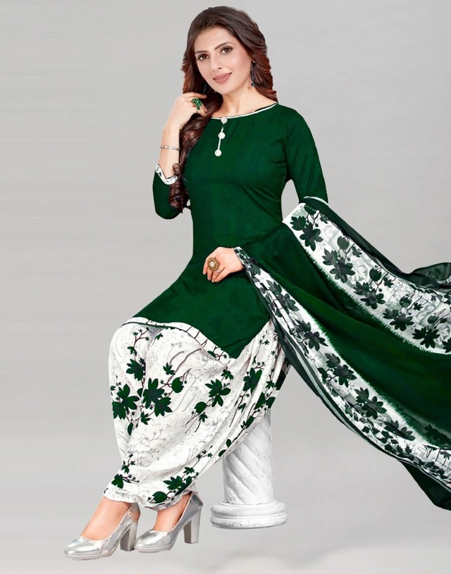 Crepe Printed Dress Material for Women & Girls (White & Green)