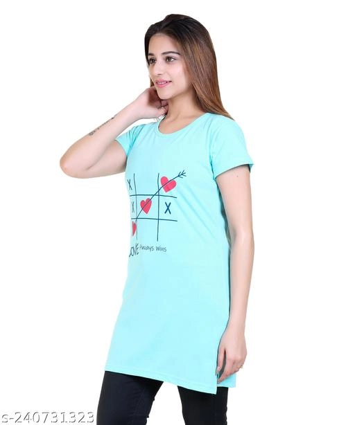 Round Neck Printed Long T-Shirt for Women (Aqua Blue, M)