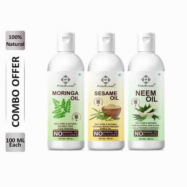 PuriFlame Pure Moringa Oil (100 ml) & Sesame Oil (100 ml) & Neem Oil (100 ml) Combo For Rapid Hair Growth (Pack Of 3) (B-5645)