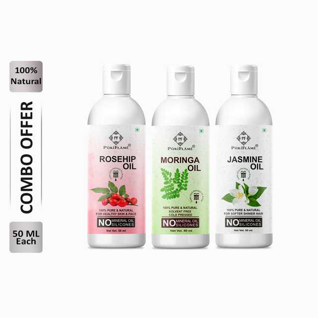Puriflame Pure Rosehip Oil (50 ml), Moringa Oil (50 ml) & Jasmine Oil (50 ml) Combo for Rapid Hair Growth (Pack of 3) (B-13380)