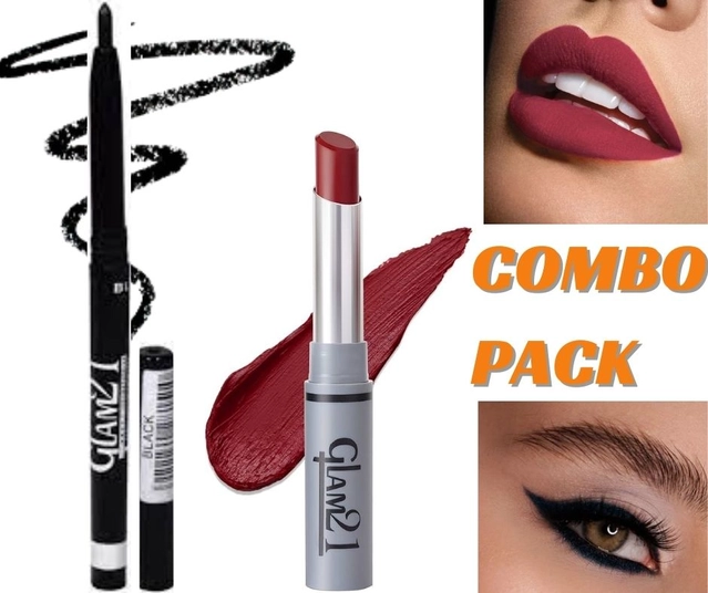 Glam21 Matte Non Transfer Lipstick with Sharpener & Glam21 Waterproof Kajal (Maroon & Black, Set of 2)