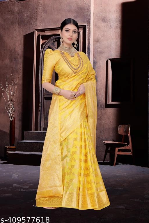 Georgette Zari Woven Saree for Women (Yellow, 6.3 m)