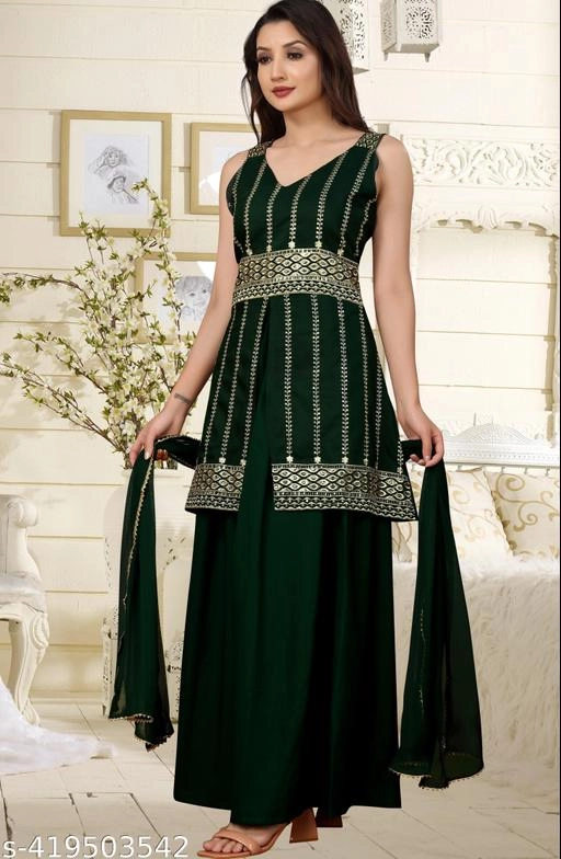 Rayon Embroidered Kurti with Sharara & Dupatta for Women (Green, S)