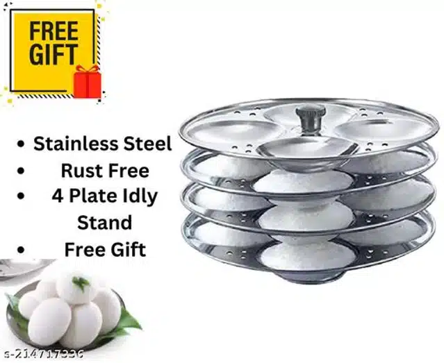 Stainless Steel 4 Plate Idli Maker with Tea Strainer (Silver, Set of 2)