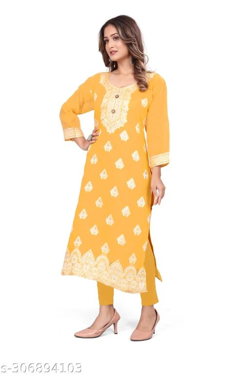 Cotton Embroidered Kurti for Women (Yellow, L)