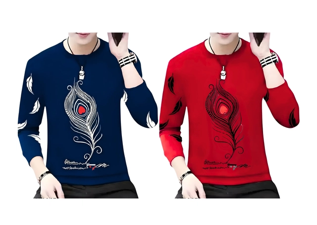 Round Neck Printed T-Shirts for Men (Red & Navy Blue, S) (Pack of 2)