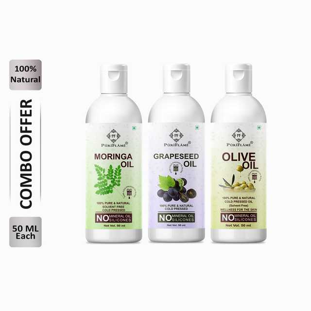 Puriflame Pure Moringa Oil (50 ml), Grapeseed Oil (50 ml) & Olive Oil ( 50 ml) Combo for Rapid Hair Growth (Pack Of 3) (B-11801)
