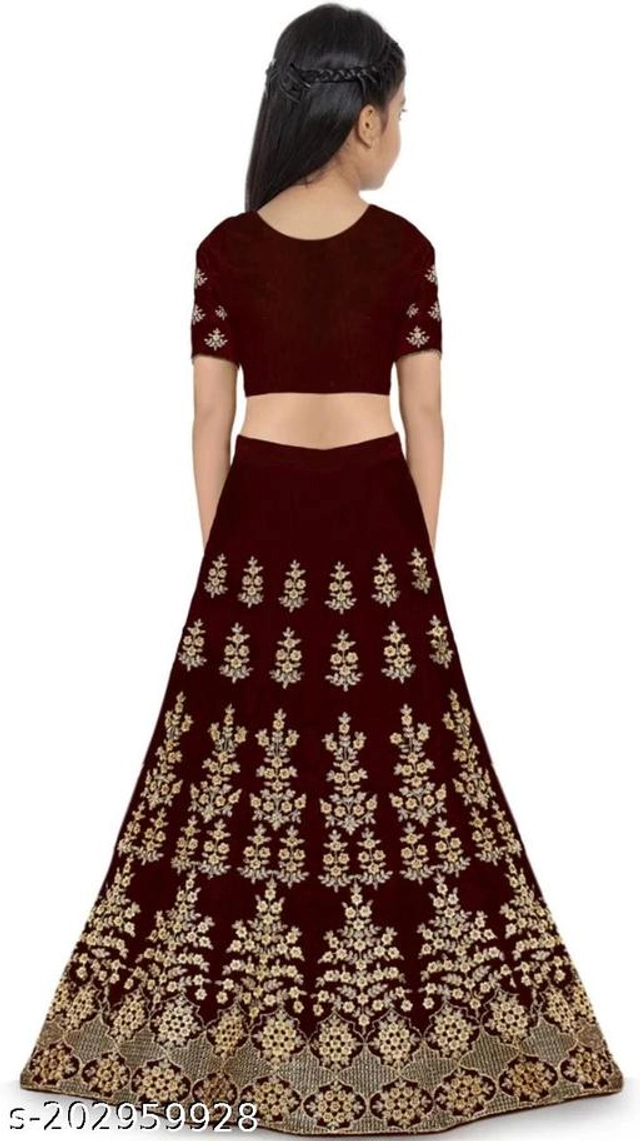 Satin Embroidered Lehenga with Choli & Dupatta for Girls (Maroon & Beige, 2-3 Years)