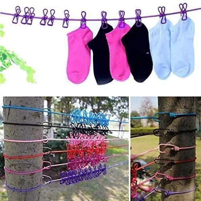 Stretchable Rope with 12 Pcs Clothespins Clothesline (Multicolor)