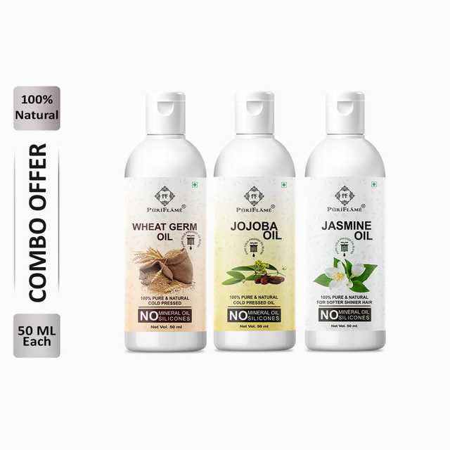Puriflame Pure Wheat Germ Oil (50 ml), Jojoba Oil (50 ml) & Jasmine Oil (50 ml) Combo for Rapid Hair Growth (Pack of 3) (B-14281)