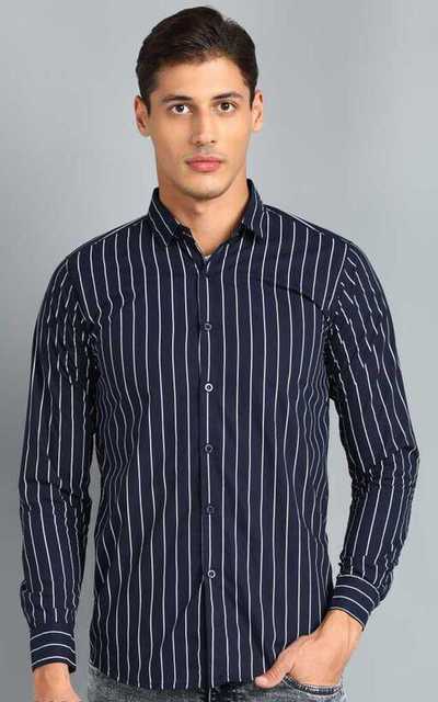 Casual Men's Striped Shirt (Navy Blue, M) (DC-3)