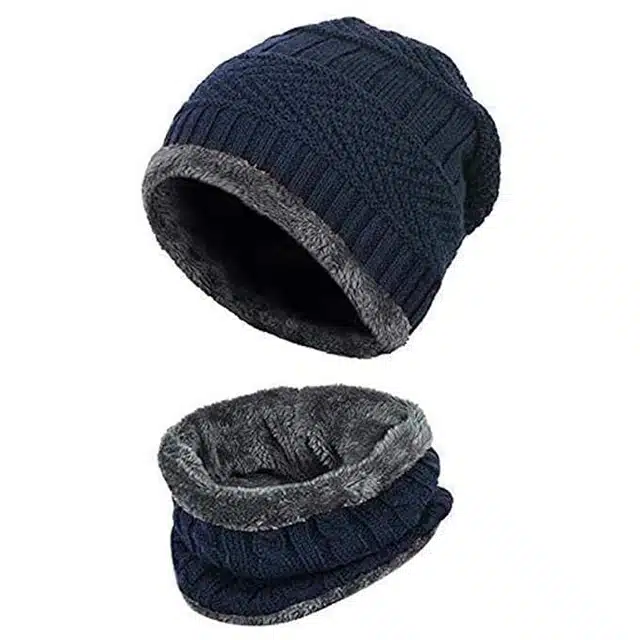 Woolen Solid Cap with Neck Warmer for Men (Blue, Set of 1)