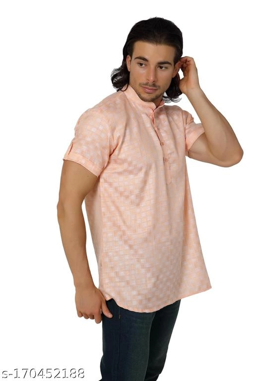 Dupion Silk Printed Short Kurta for Men (Peach, S)