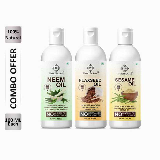 PuriFlame Pure Neem Oil (100 ml) & Flaxseed Oil (100 ml) & Sesame Oil (100 ml) Combo For Rapid Hair Growth (Pack Of 3) (B-5829)