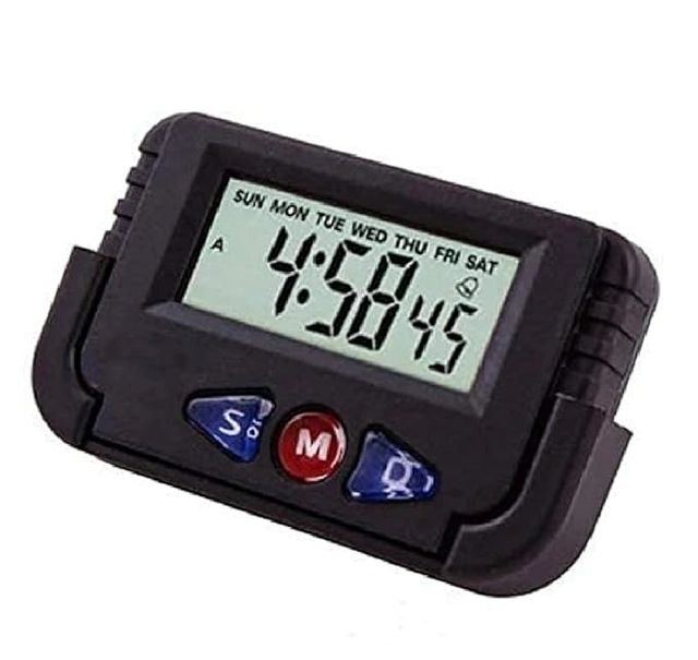 Digital Clock and Stopwatch with Flexible Stand for Car Dashboard (Black)