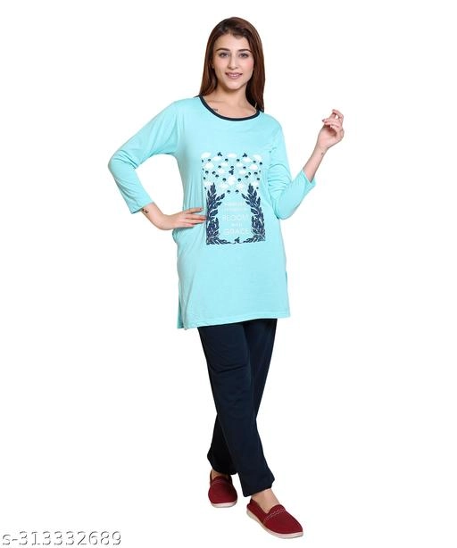 Woolen Nightsuit for Women (Aqua Blue, M)