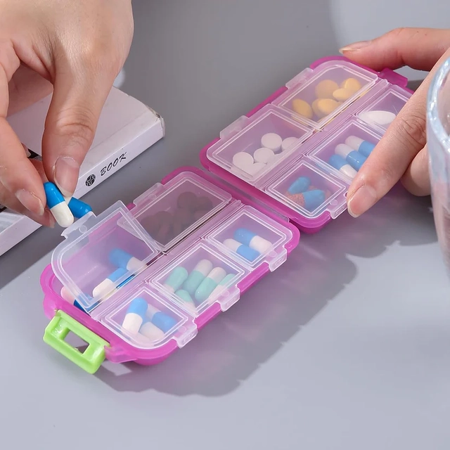 Compact Travel-Friendly 10-Compartment Pill Organizer Box (Transparent)