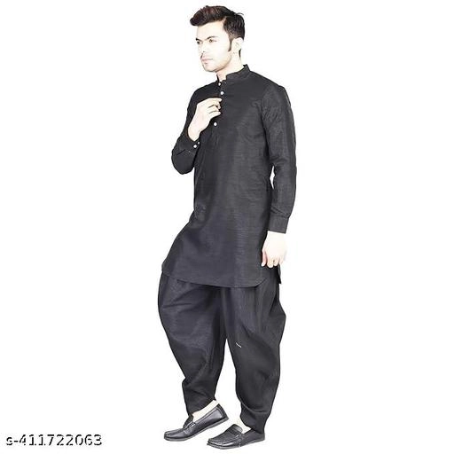 Cotton Solid Kurta with Pyjama for Men (M, Black)