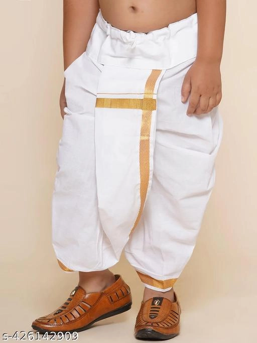 Cotton Blend Striped Dhoti for Boys (2-3 Years, White)