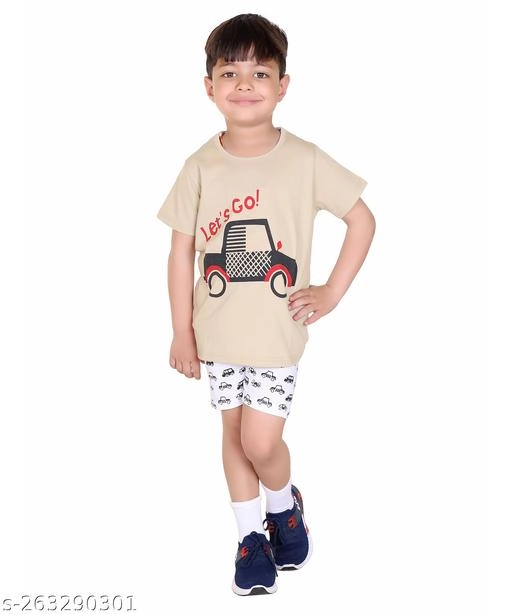 Cotton Printed Clothing Set for Boys (Beige, 6-9 Months)