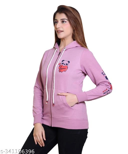 Fleece Printed Hoodie for Women (Purple, M)