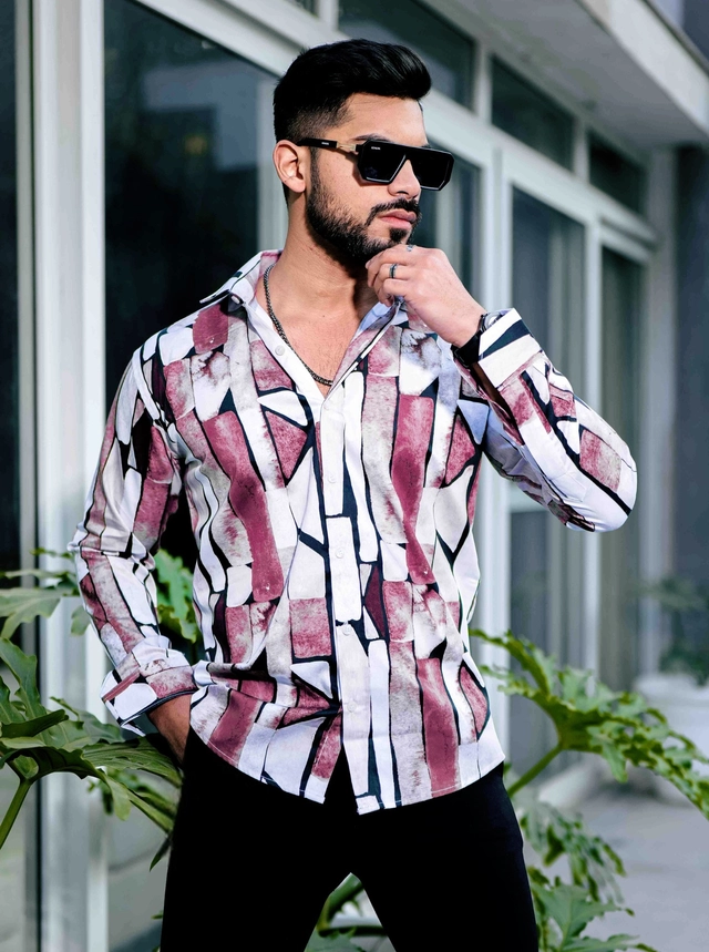 Full Sleeves Printed Shirt for Men (Pink & White, S)