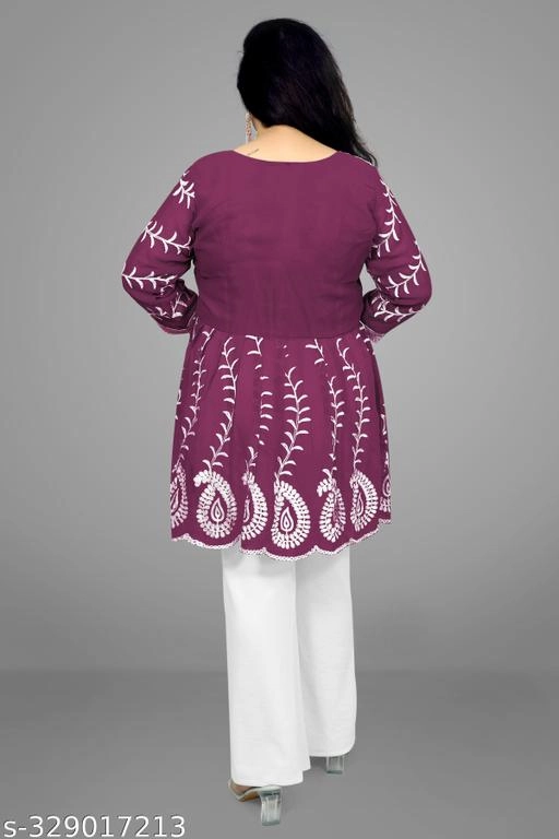 Georgette Chikankari Top for Women (Wine, M)