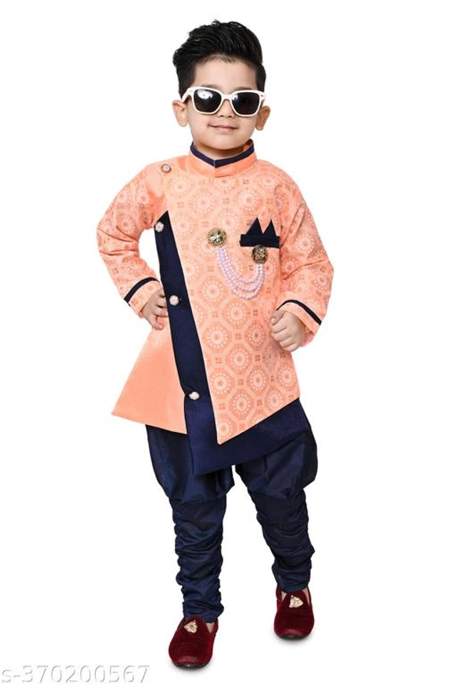 Cotton Blend Sherwani for Boys (Peach & Navy Blue, 9-12 Months)