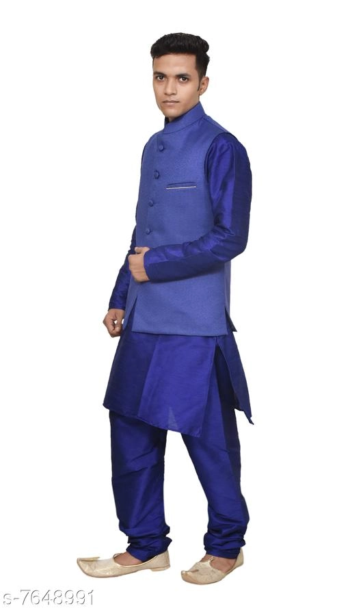 Dupion Silk Solid Kurta with Pyjama & Jacket for Men (Blue, S)