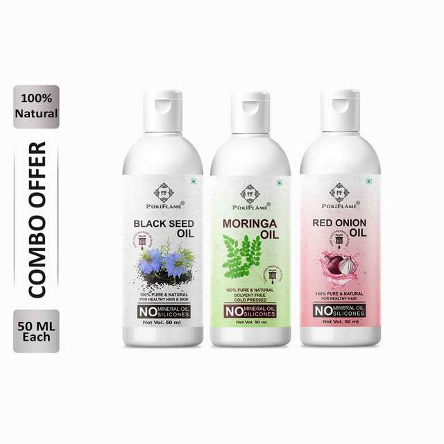 Puriflame Pure Black Seed Oil (50 ml), Moringa Oil (50 ml) & Red Onion Oil (50 ml) Combo for Rapid Hair Growth (Pack Of 3) (B-9695)