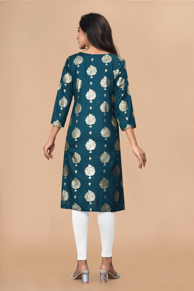 Cotton Silk Embellished Kurti for Women (Teal, M)