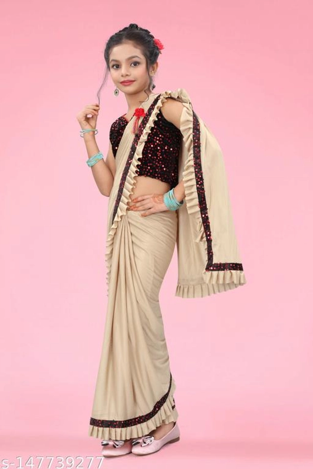 Solid Fancy Saree for Girls with Blouse (Beige, 3-4 Years)