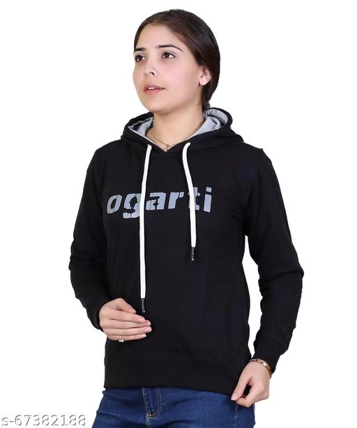 Cotton Blend Printed Hoodie for Women (Black, M)