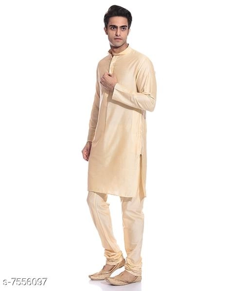 Dupion Silk Solid Kurta with Pyjama for Men (Cream, S)