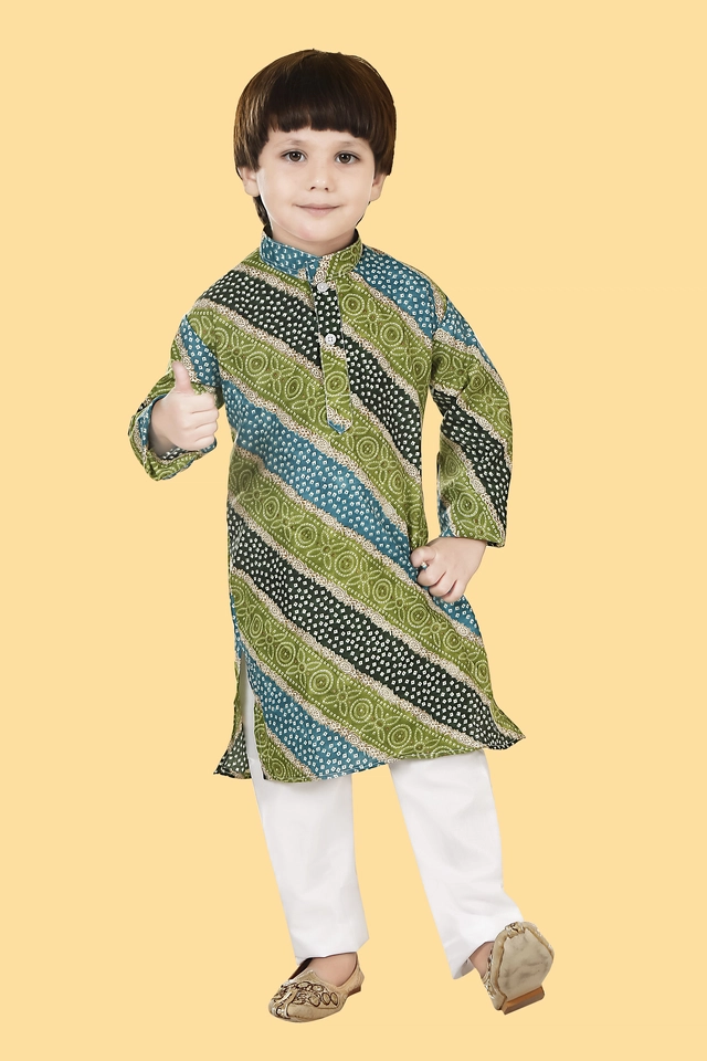 Cotton Blend Printed Kurta with Pyjama for Boys (Green & White, 3-4 Years)