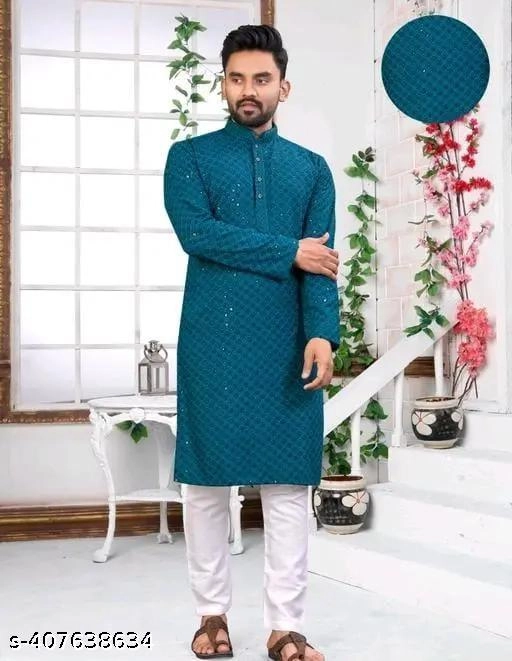 Rayon Embellished Kurta for Men (S, Teal)