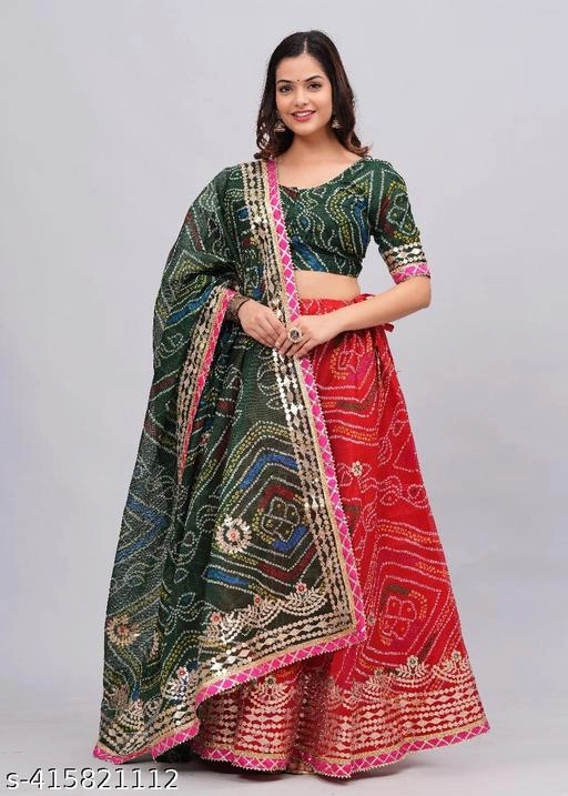 Kota Doriya Bandhani Semi Stitched Lehenga with Choli & Dupatta for Women (Green & Red)