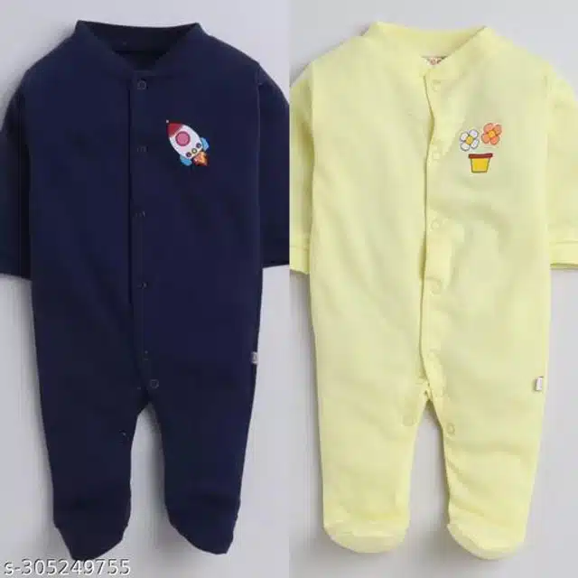 Cotton Rompers for Kids (Blue & Yellow, 0-3 Months)