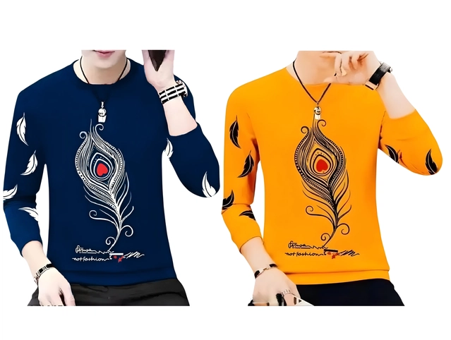 Round Neck Printed T-Shirts for Men (Navy Blue & Mustard, S) (Pack of 2)