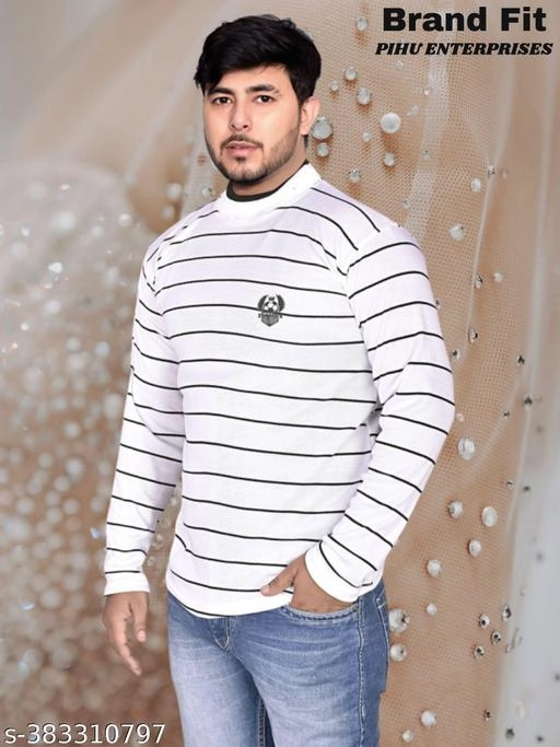 Acrylic Striped Sweater for Men (White, M)