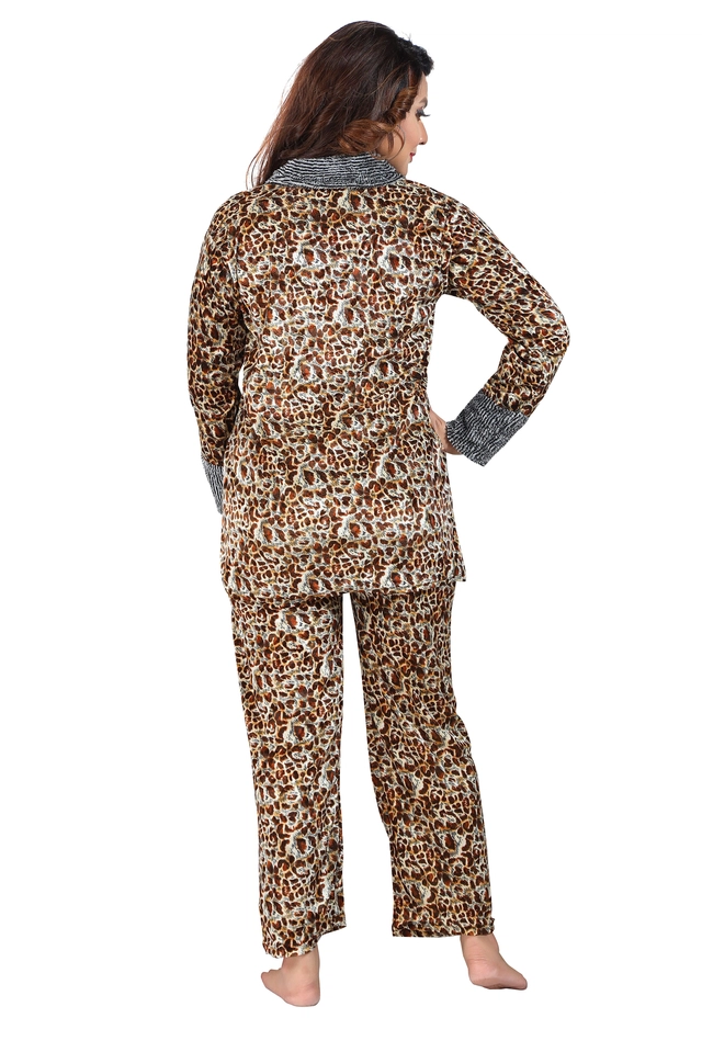 Velvet Printed Nightsuit for Women (Brown, M)