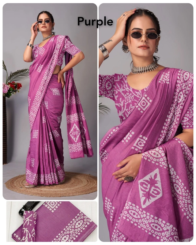 Chanderi Cotton Printed Sarees for Women (Purple, 6.3 m)