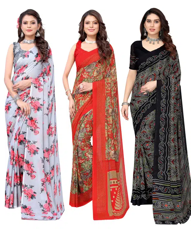 Women's Designer Floral Printed Saree with Blouse Piece (Pack of 3) (Multicolor) (SD-277)