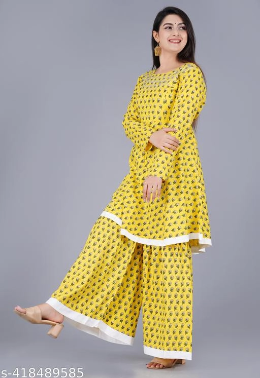 Rayon Printed Kurti with Palazzo for Women (Yellow, M)